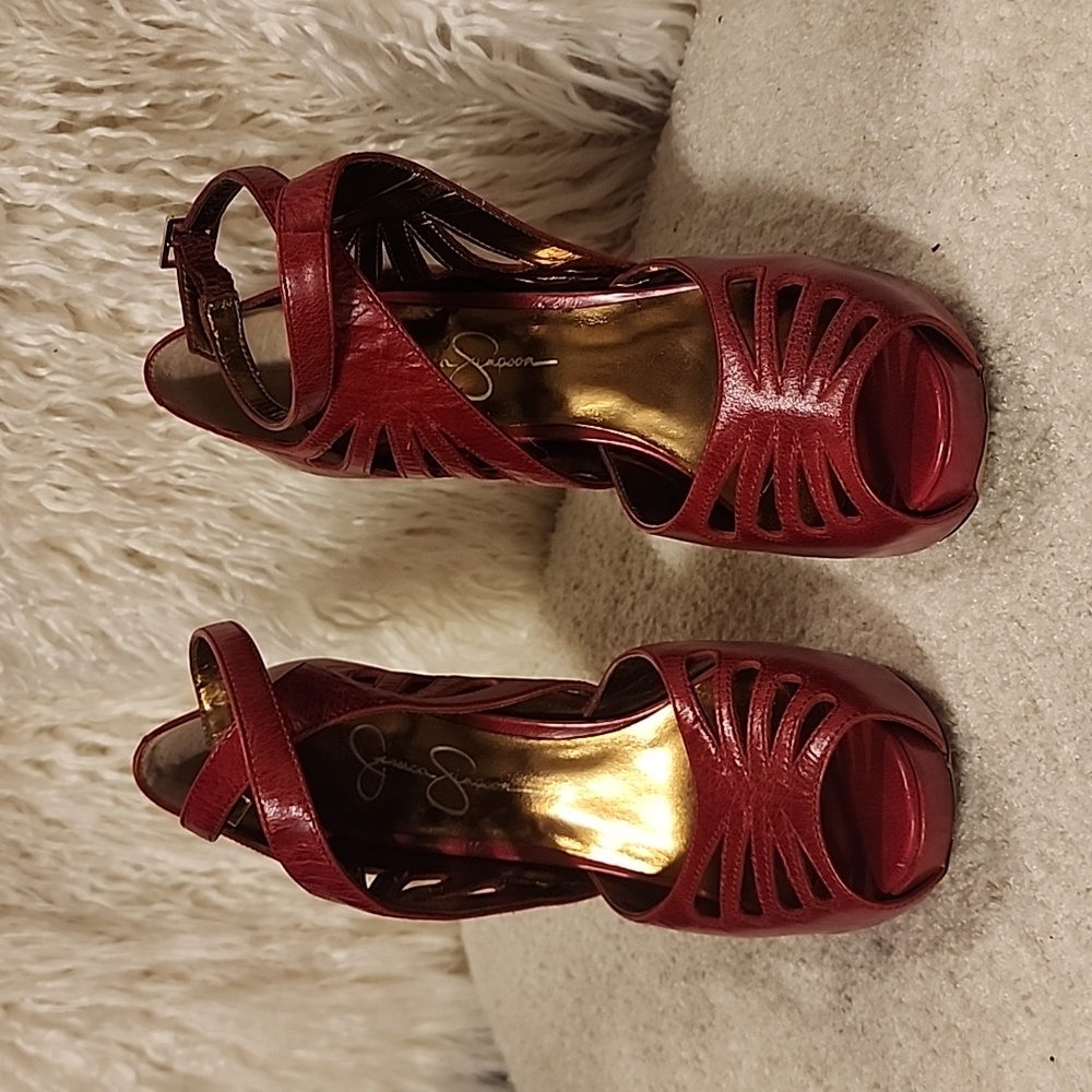 Jessica Simpson "Amona" Red Leather Platform Peeptoe Heels | Size 8B